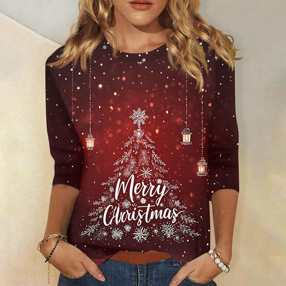 Christmas Womens Shirts Printed Funny Tshirts Xmas Holiday Tops